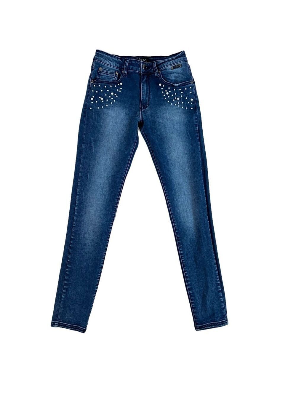 Oxygen jeans beaded skinny high rise blue lightly distressed stretch size medium